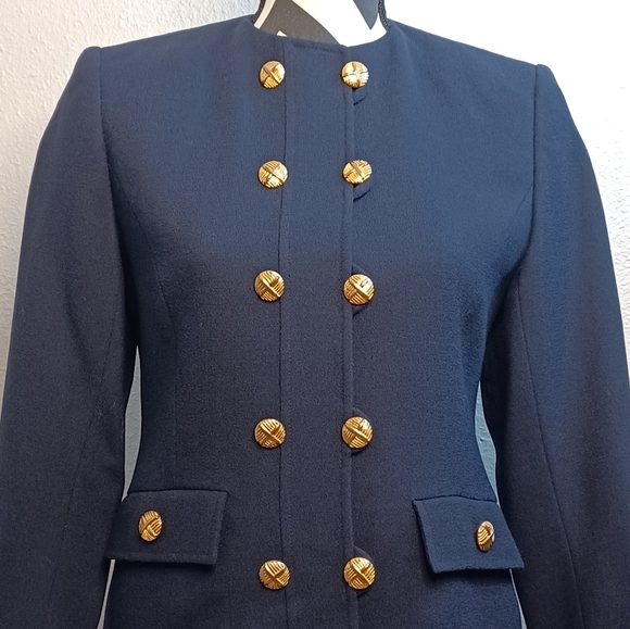 Vintage Navy Blue Military Chic 100% Wool Double Breasted Structured Jacket - Picture 3 of 15